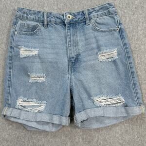 Elite Jeans Short Womens 5/27 Blue Light Wash Distressed Cuffed High Rise Denim